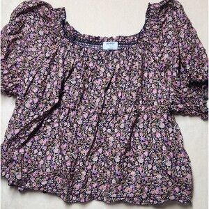 Old Navy Blouse Womens 4x Boho Peasant Pink Flowers Pullover Puff Sleeve Casual